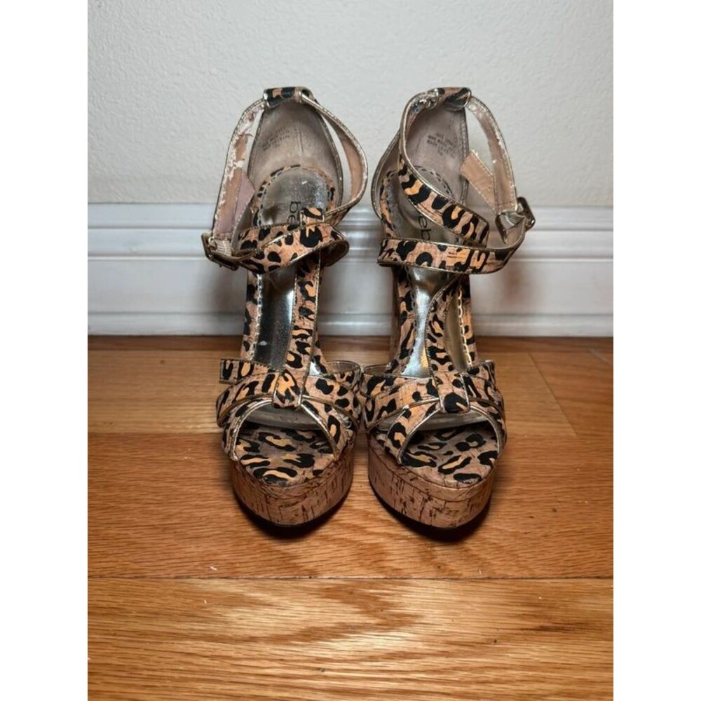 Bebe Leopard Cork Platform Sandals Size 9 Gold Trim Strappy Cheetah Print Heels
